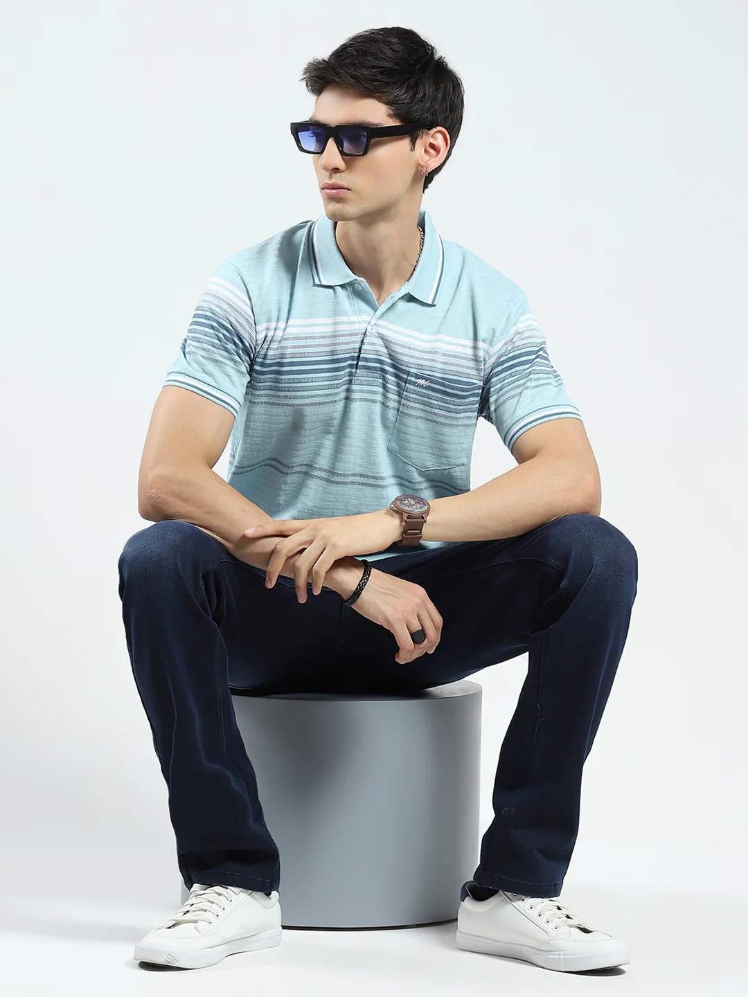 Men Green Stripe Collar Half Sleeve T-Shirt - Image 2