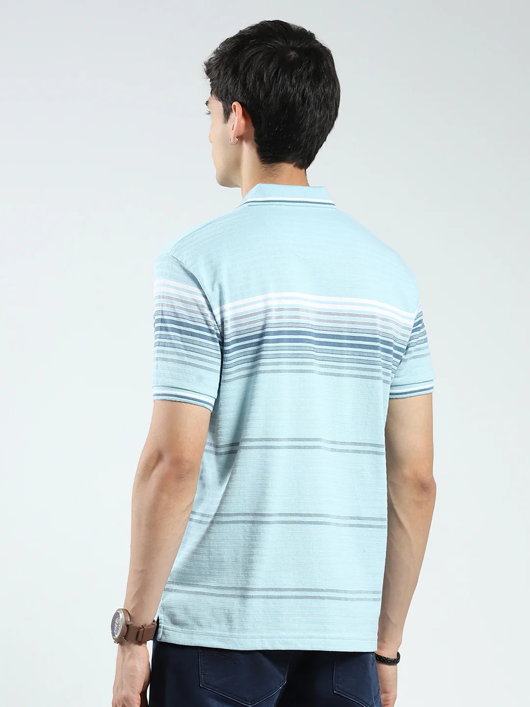 Men Green Stripe Collar Half Sleeve T-Shirt - Image 5