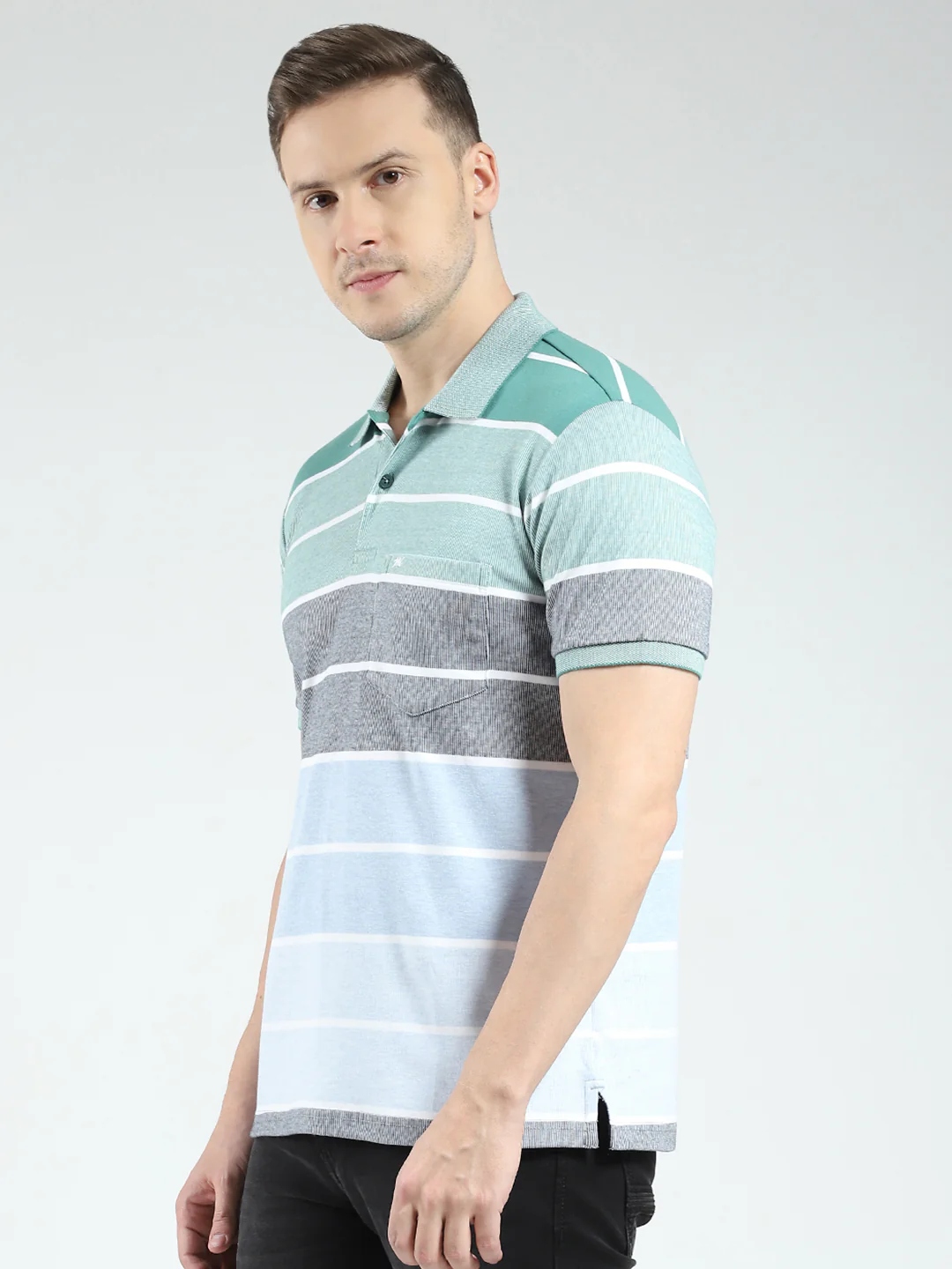 Men Green Stripe Collar Half Sleeve T-Shirt - Image 3