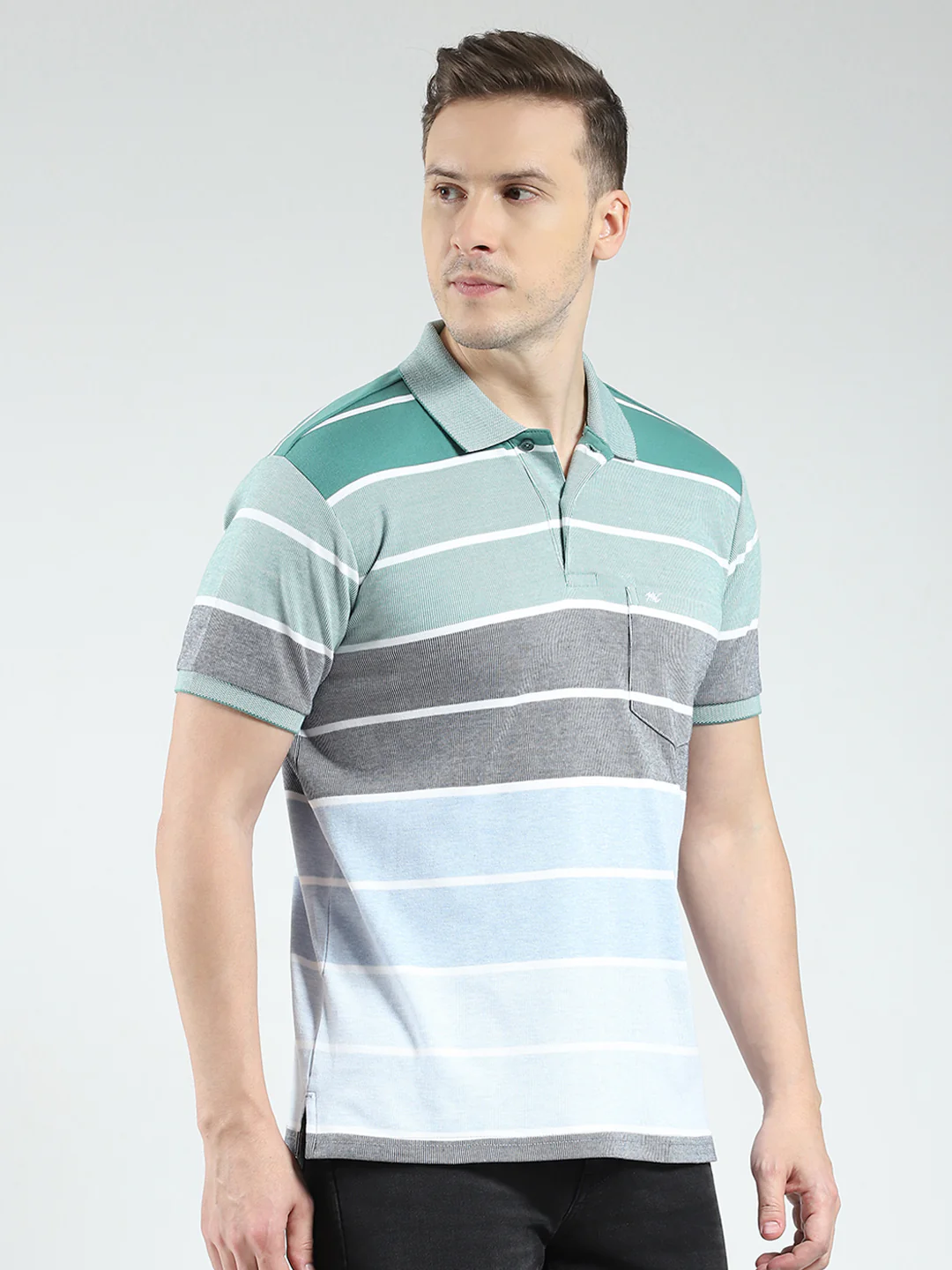 Men Green Stripe Collar Half Sleeve T-Shirt - Image 4