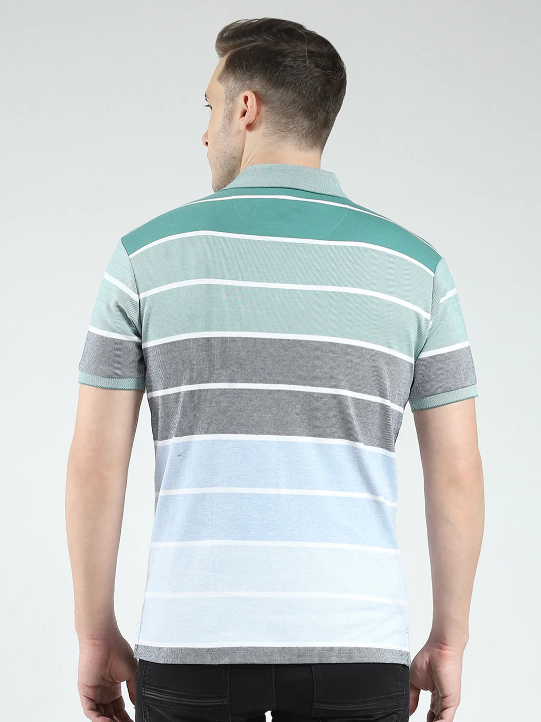 Men Green Stripe Collar Half Sleeve T-Shirt - Image 5