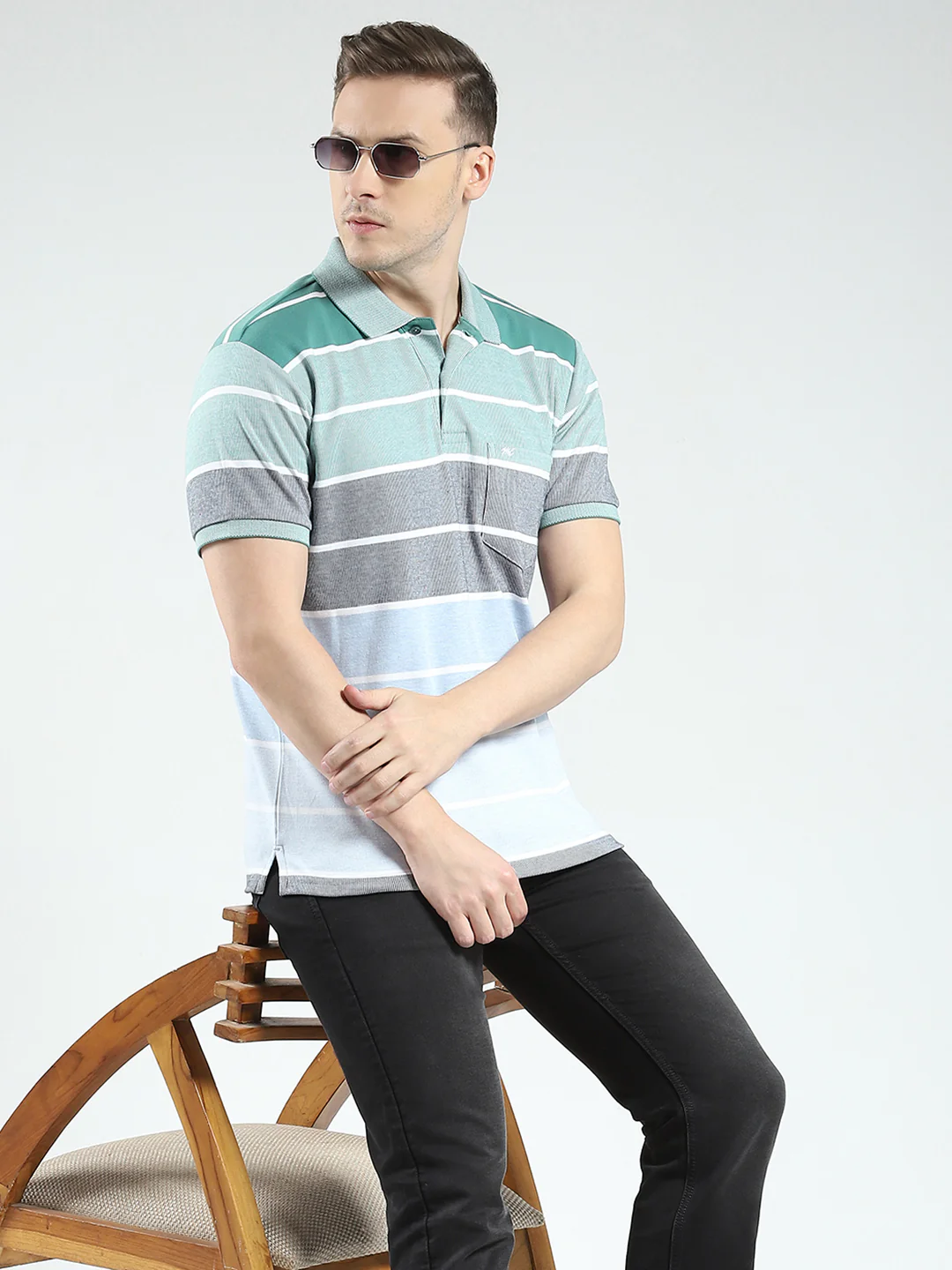 Men Green Stripe Collar Half Sleeve T-Shirt - Image 6