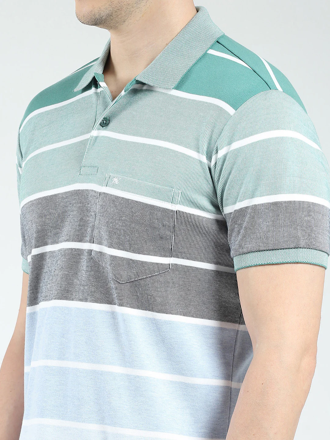 Men Green Stripe Collar Half Sleeve T-Shirt - Image 7