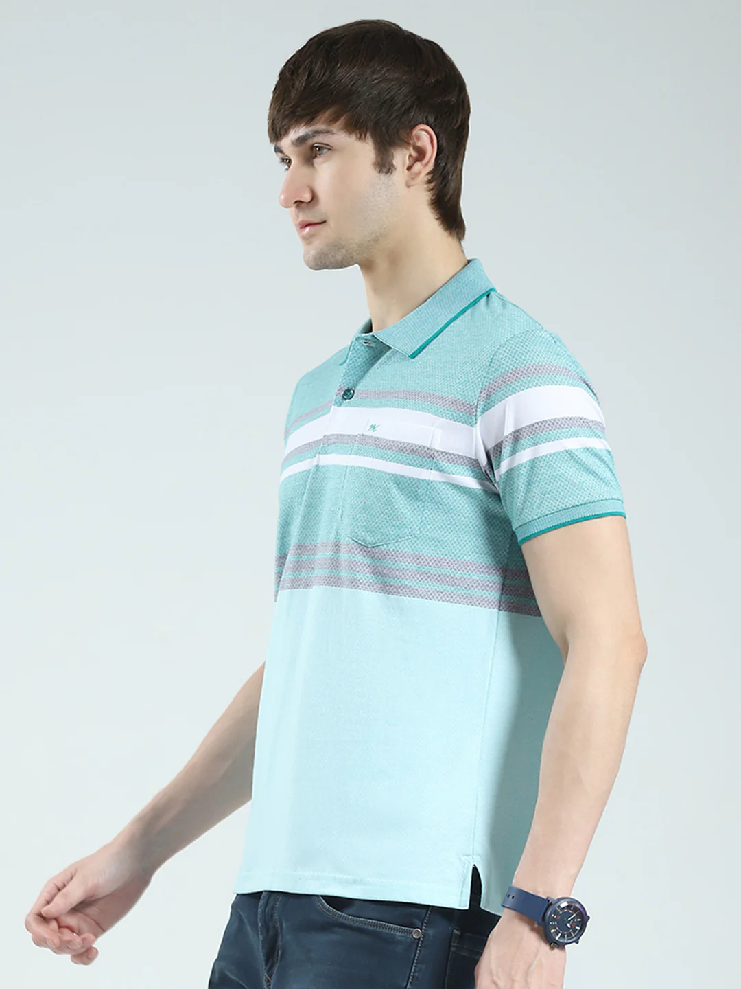 Men Green Stripe Collar Half Sleeve T-Shirt - Image 3