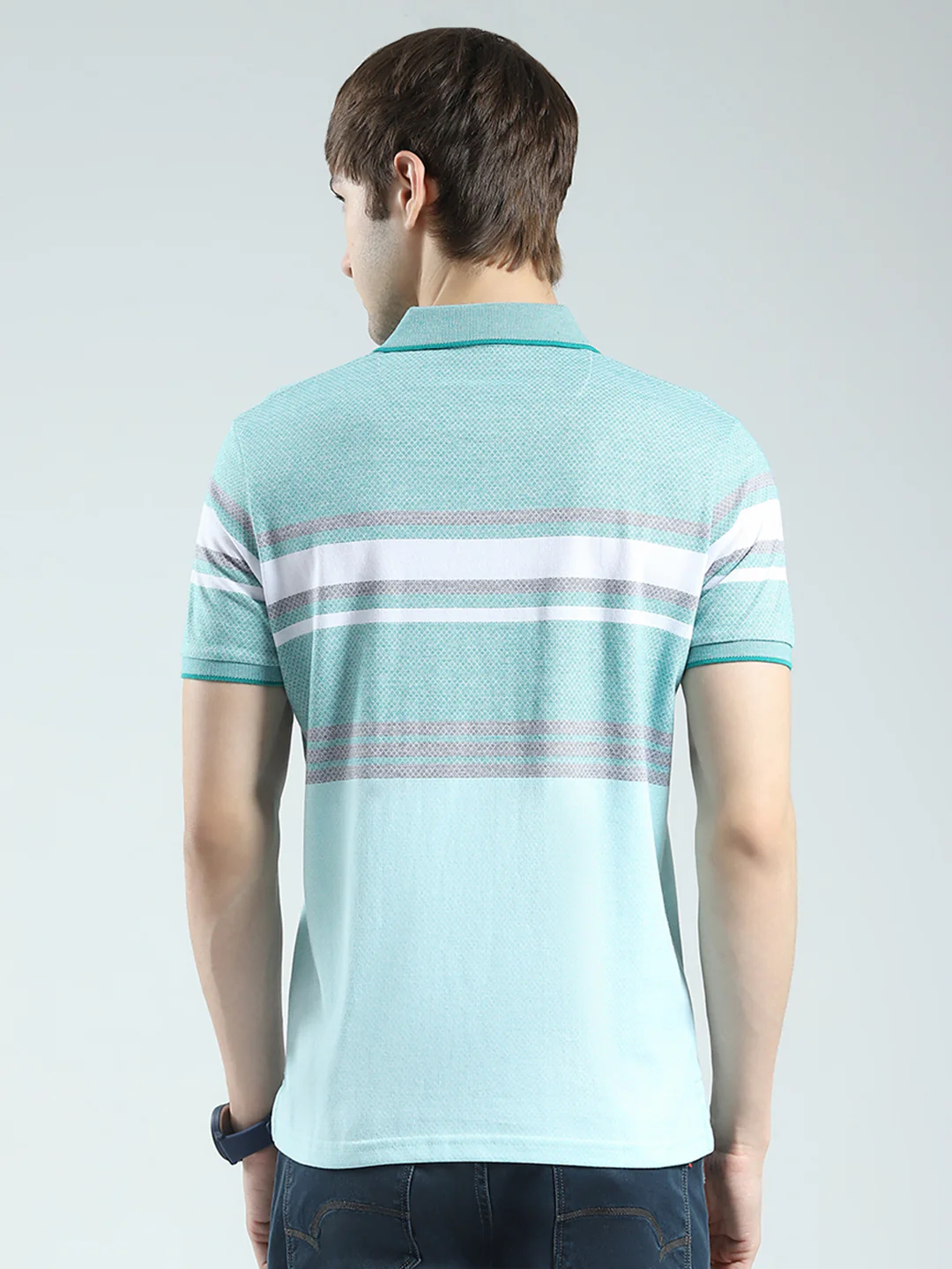 Men Green Stripe Collar Half Sleeve T-Shirt - Image 5