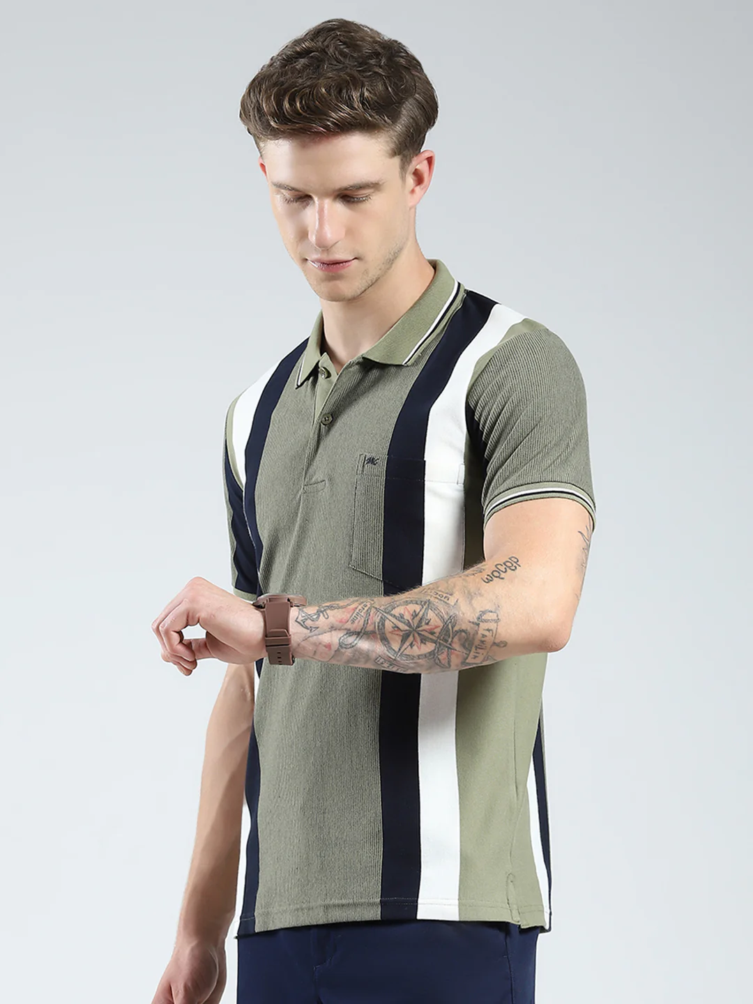 Men Green Stripe Collar Half Sleeve T-Shirt - Image 3