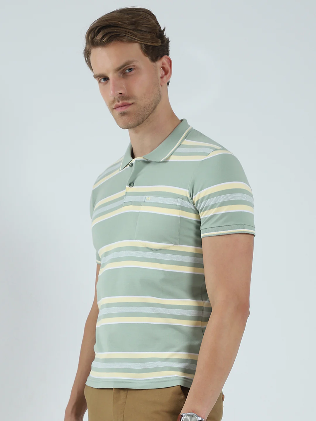 Men Green Stripe Collar Half Sleeve T-Shirt - Image 3