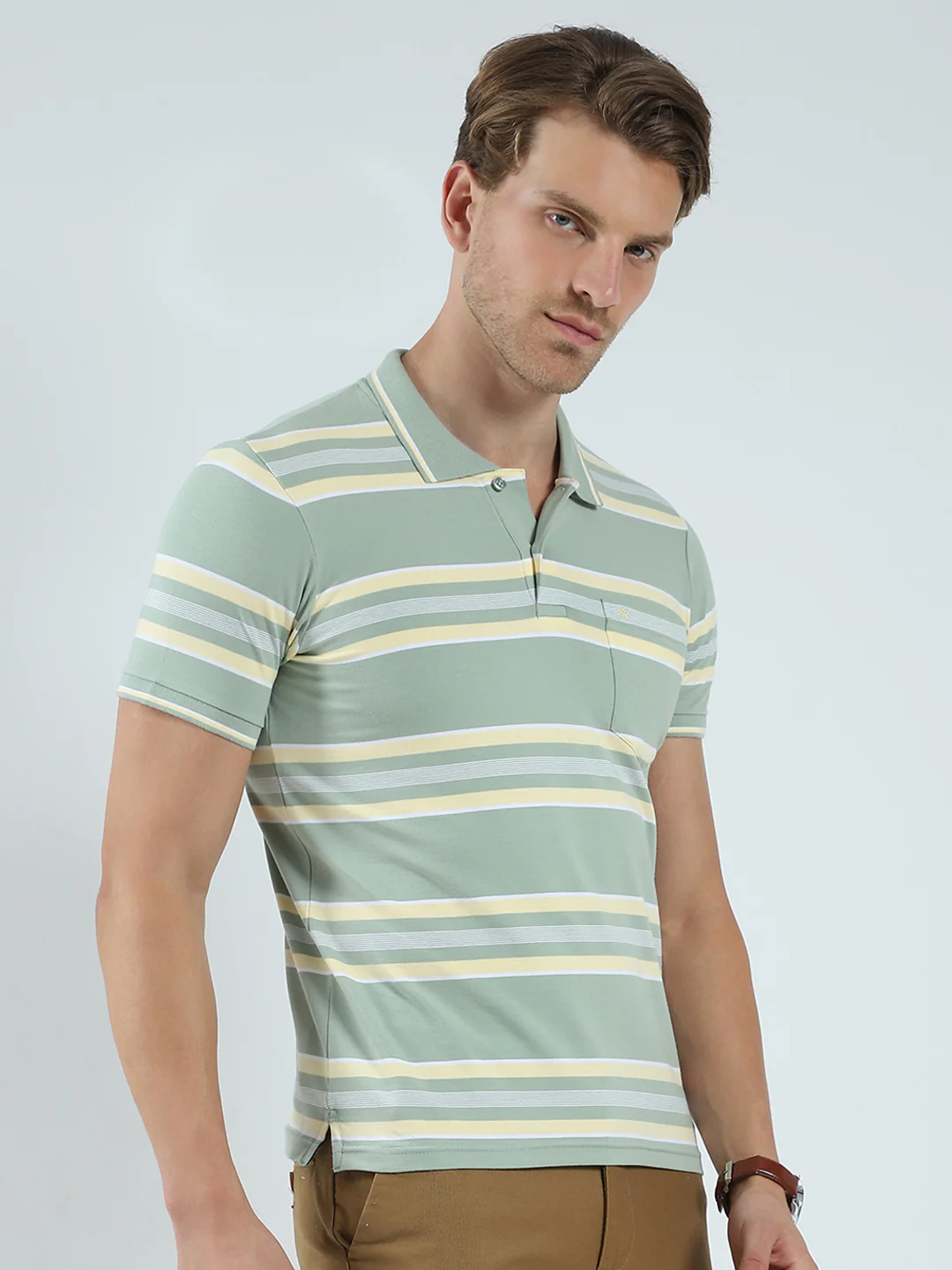 Men Green Stripe Collar Half Sleeve T-Shirt - Image 4