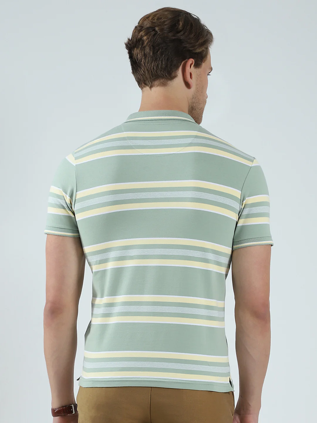 Men Green Stripe Collar Half Sleeve T-Shirt - Image 5