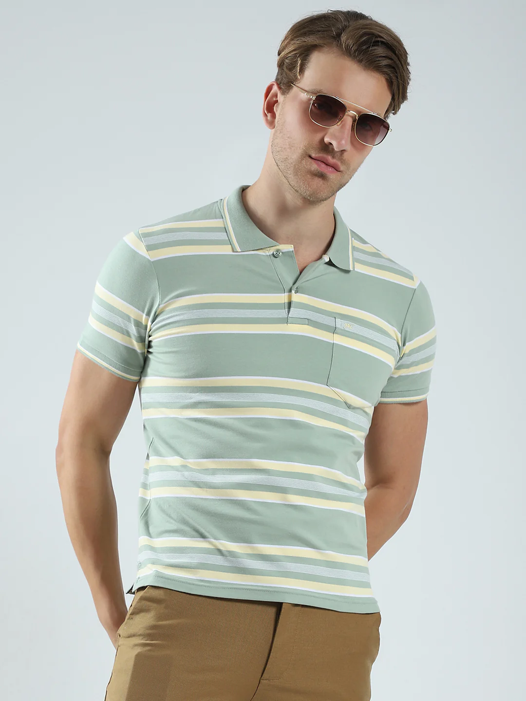 Men Green Stripe Collar Half Sleeve T-Shirt - Image 6
