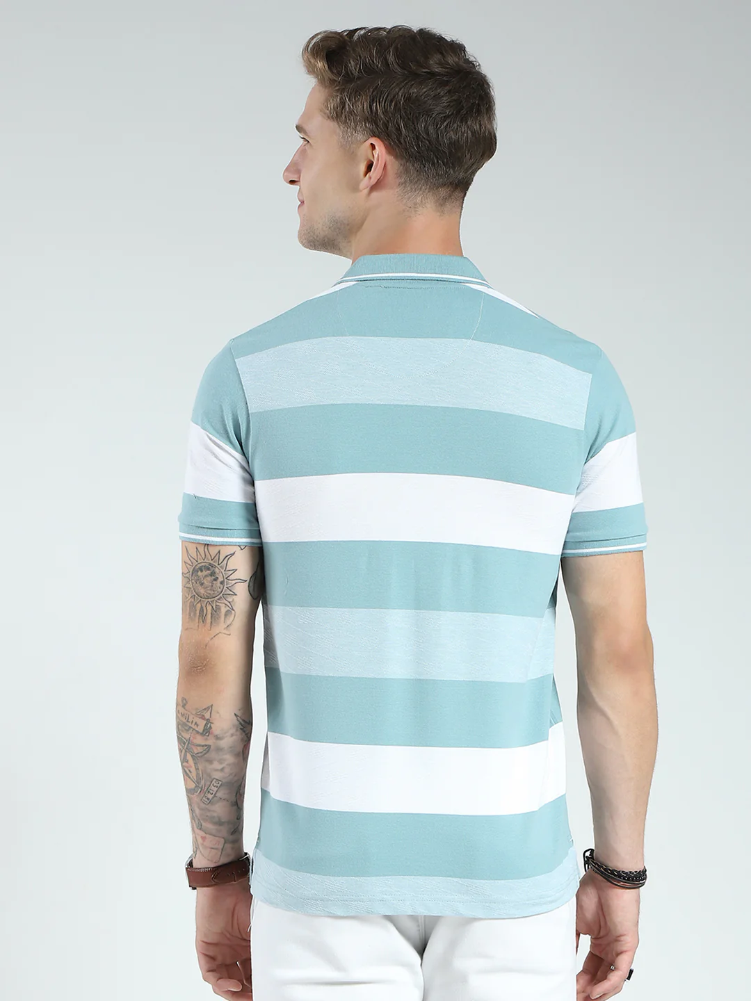Men Green Stripe Collar Half Sleeve T-Shirt - Image 5