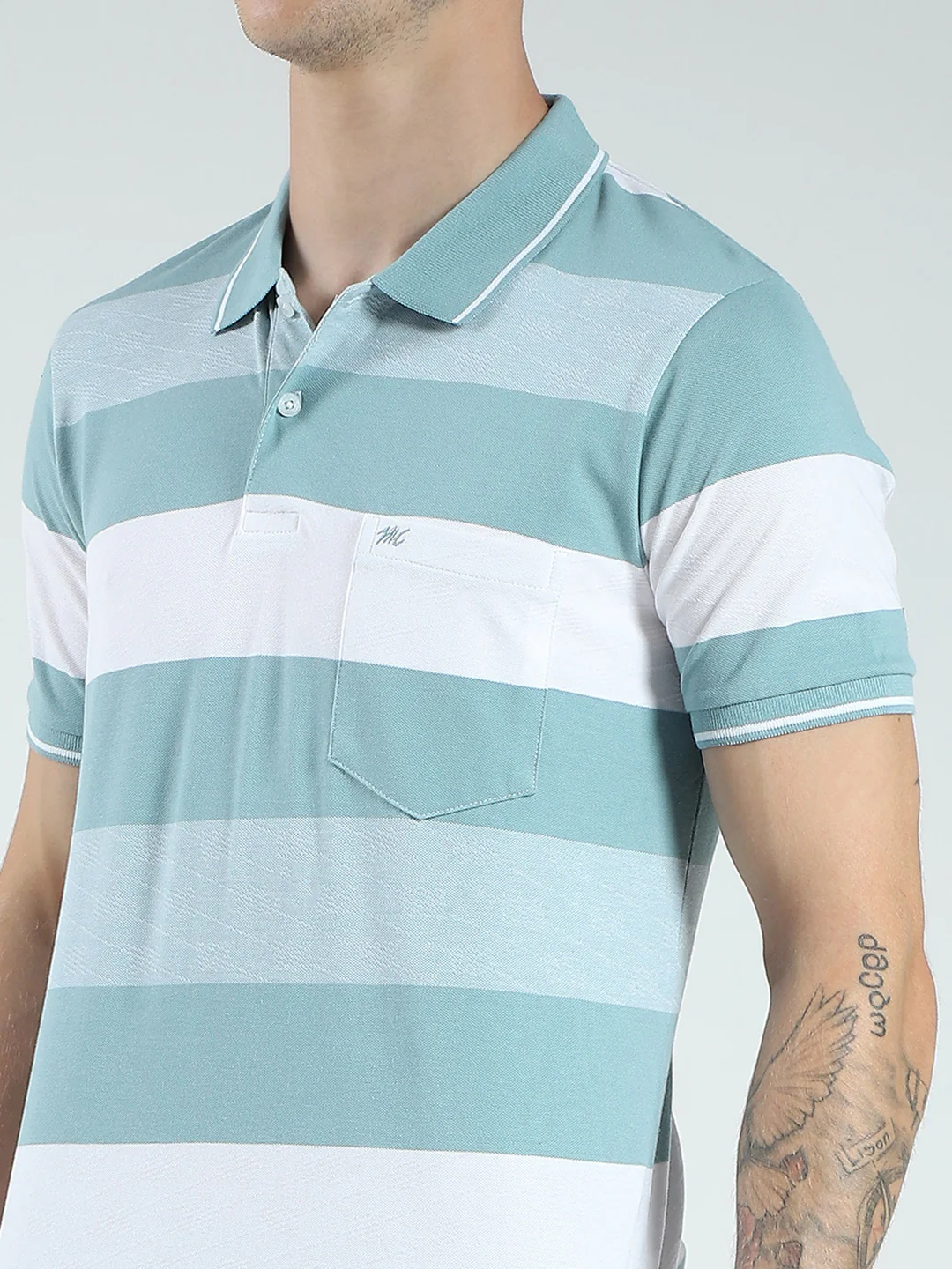 Men Green Stripe Collar Half Sleeve T-Shirt - Image 6