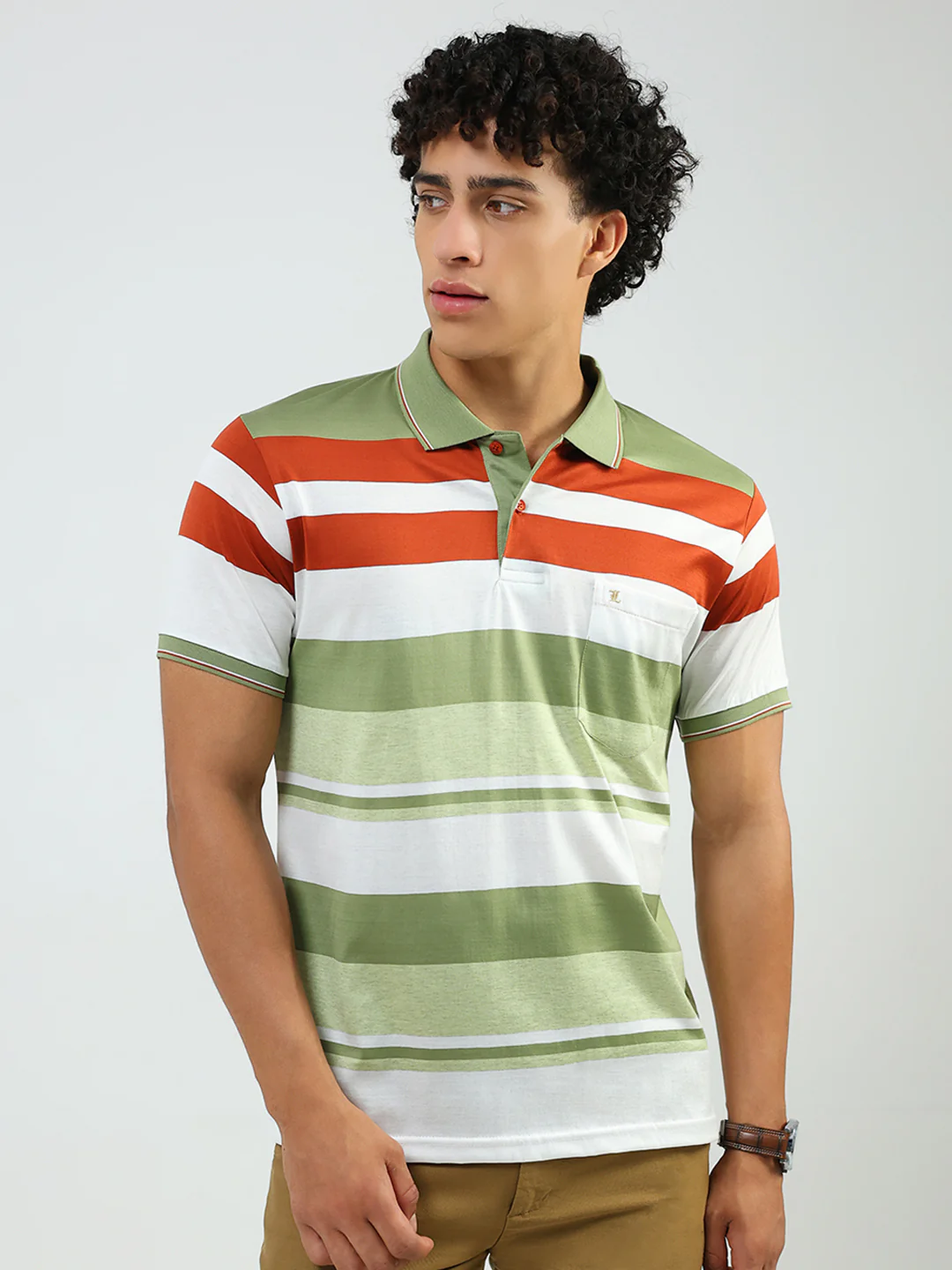 Luxuria Men Green Stripe Collar Half Sleeve T-Shirt