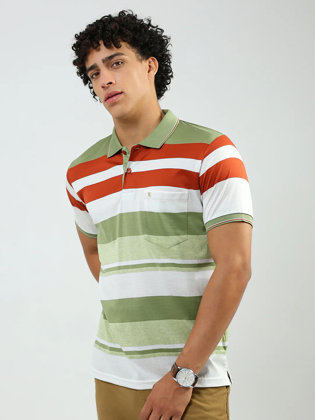 Luxuria Men Green Stripe Collar Half Sleeve T-Shirt - Image 3