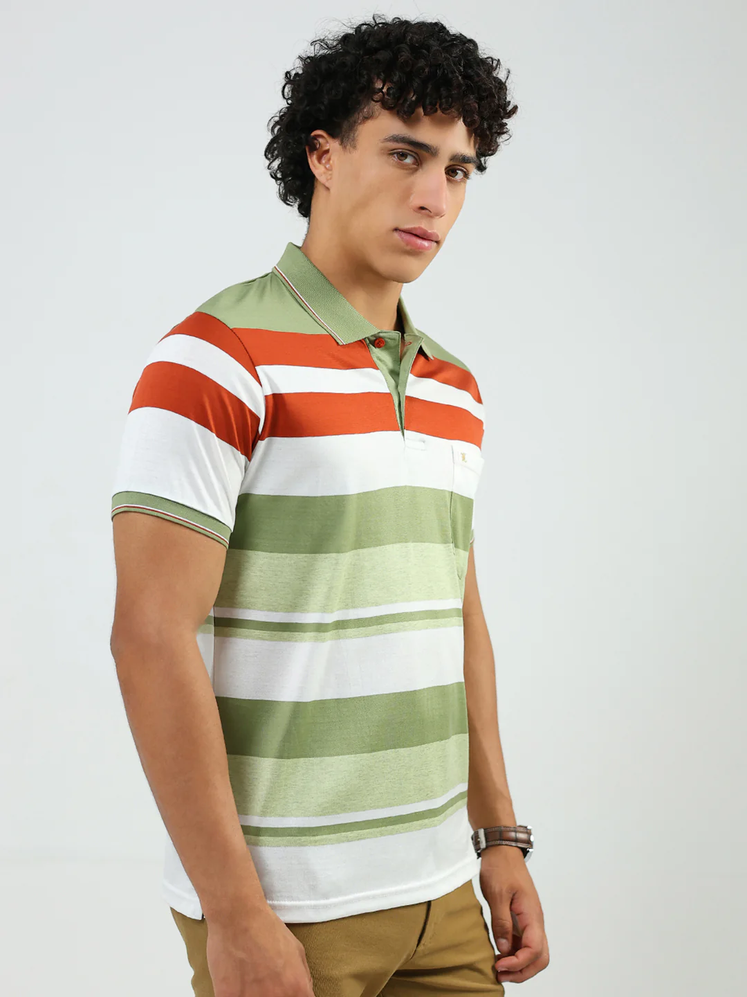 Luxuria Men Green Stripe Collar Half Sleeve T-Shirt - Image 4