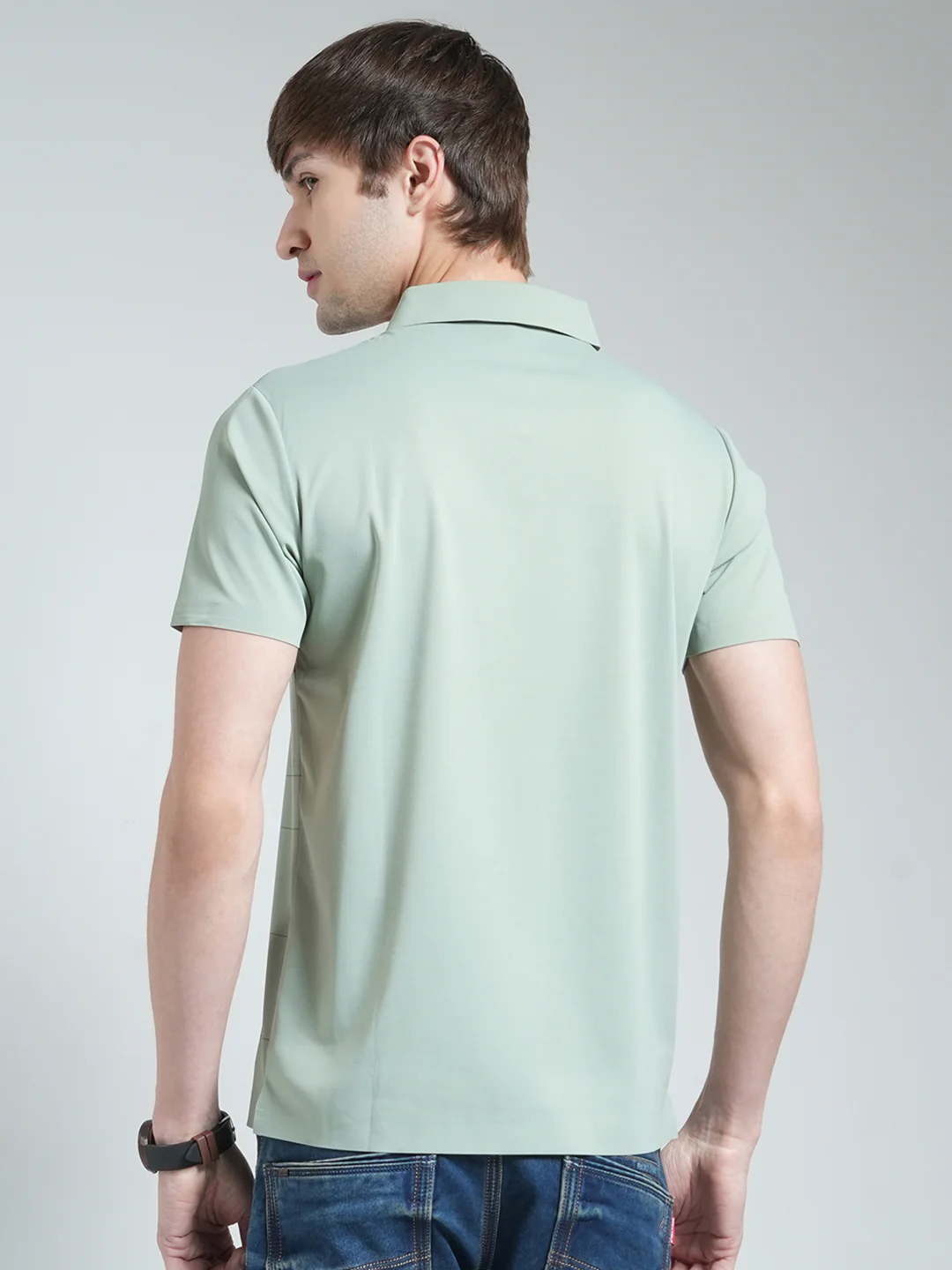 Men Green Stripe Collar Half Sleeve T-Shirt - Image 5