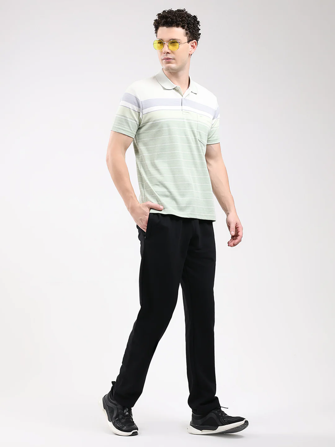 Men Green Stripe Collar Half Sleeve T-Shirt - Image 2