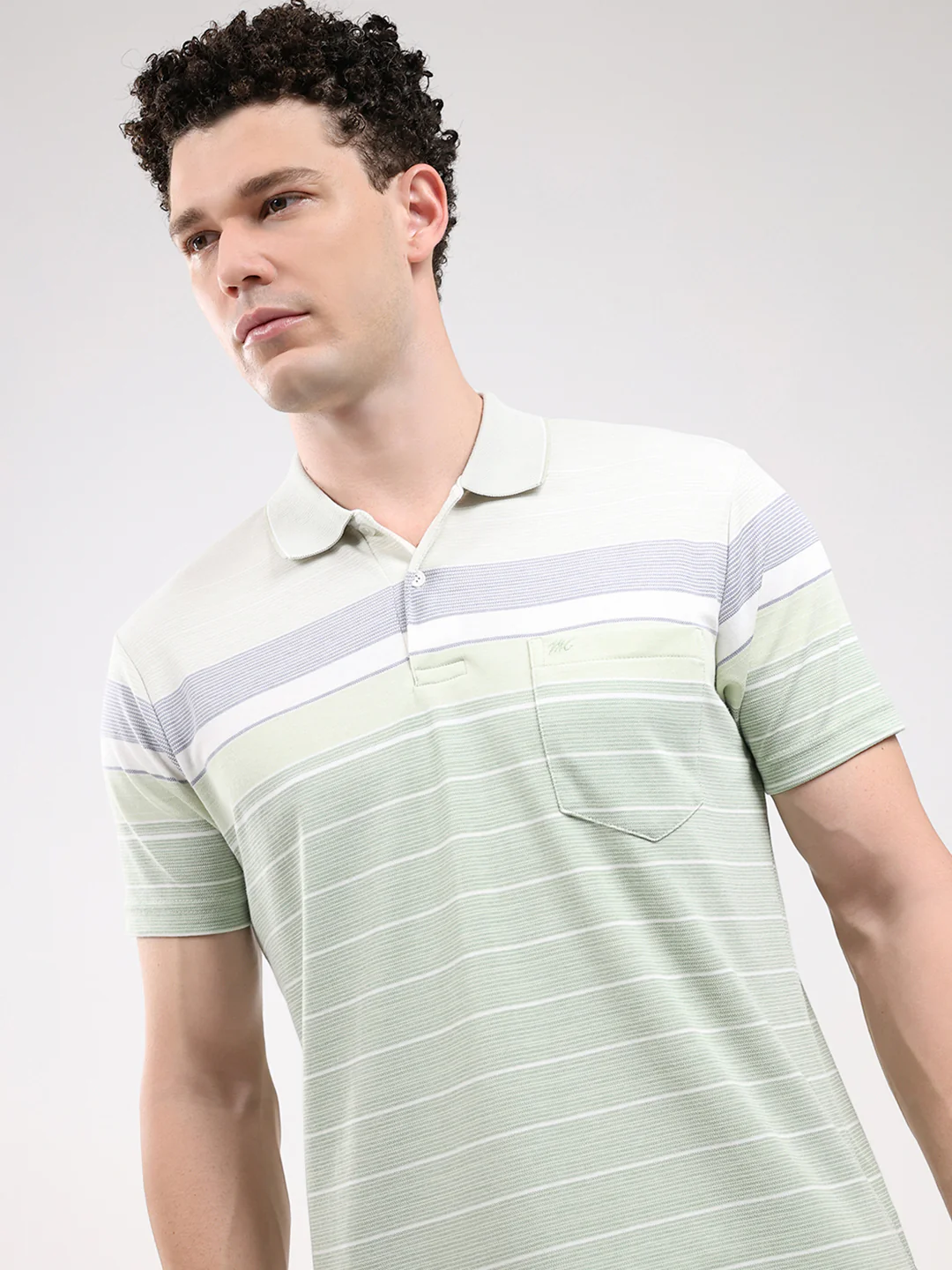 Men Green Stripe Collar Half Sleeve T-Shirt - Image 6