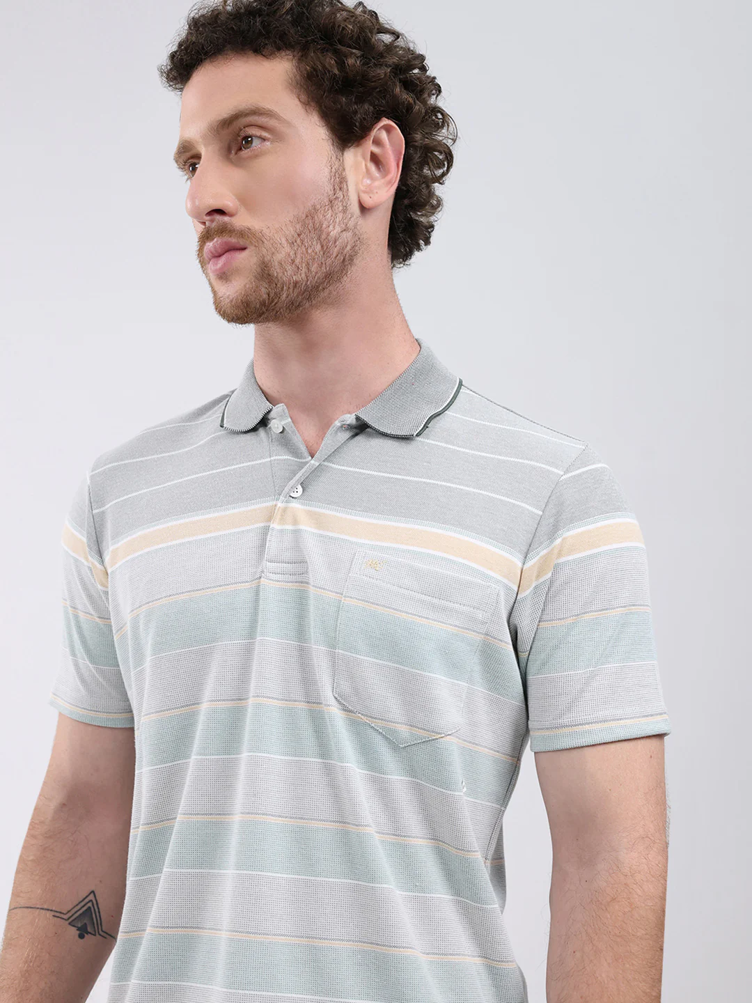 Men Green Stripe Collar Half Sleeve T-Shirt - Image 6