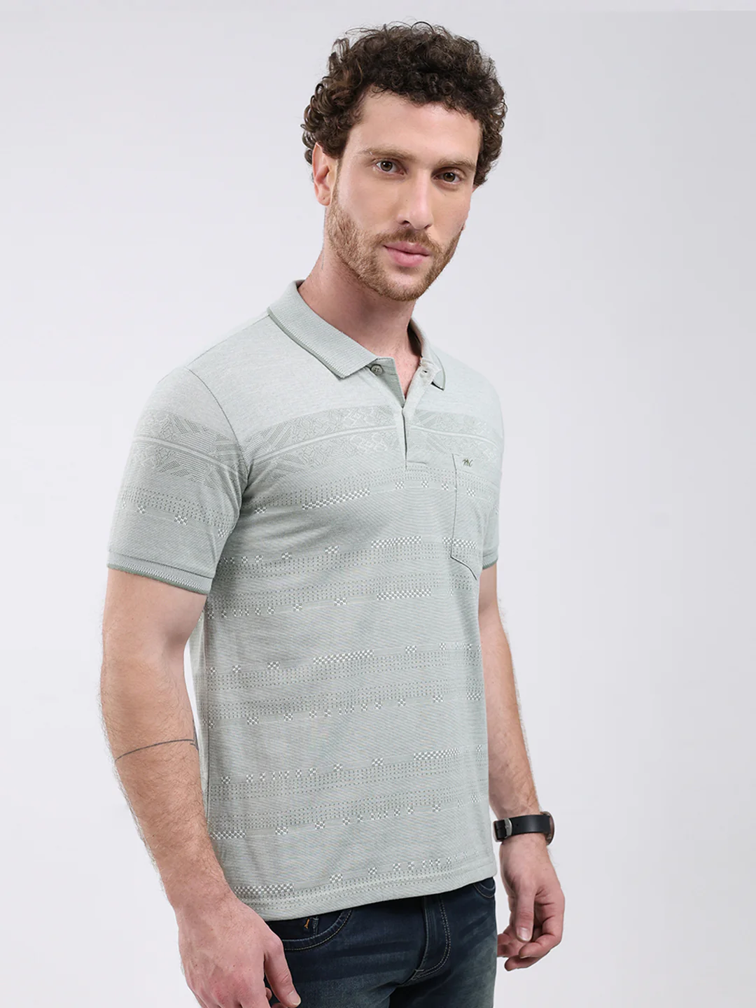 Men Green Stripe Collar Half Sleeve T-Shirt - Image 4