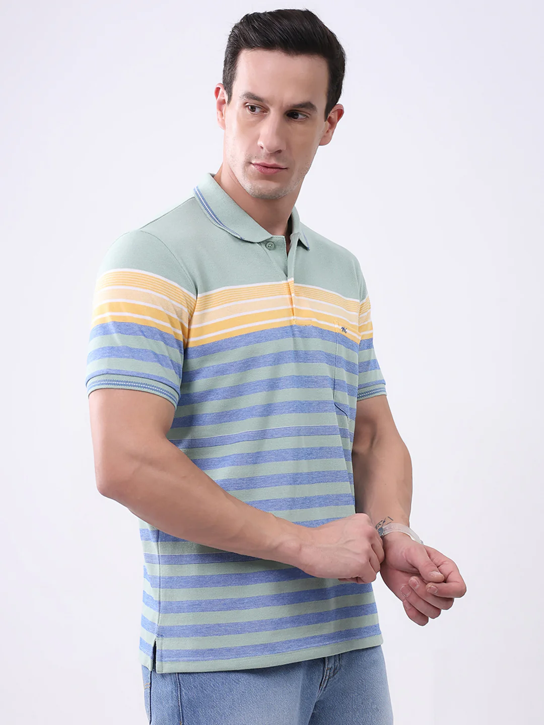 Men Green Stripe Collar Half Sleeve T-Shirt - Image 4