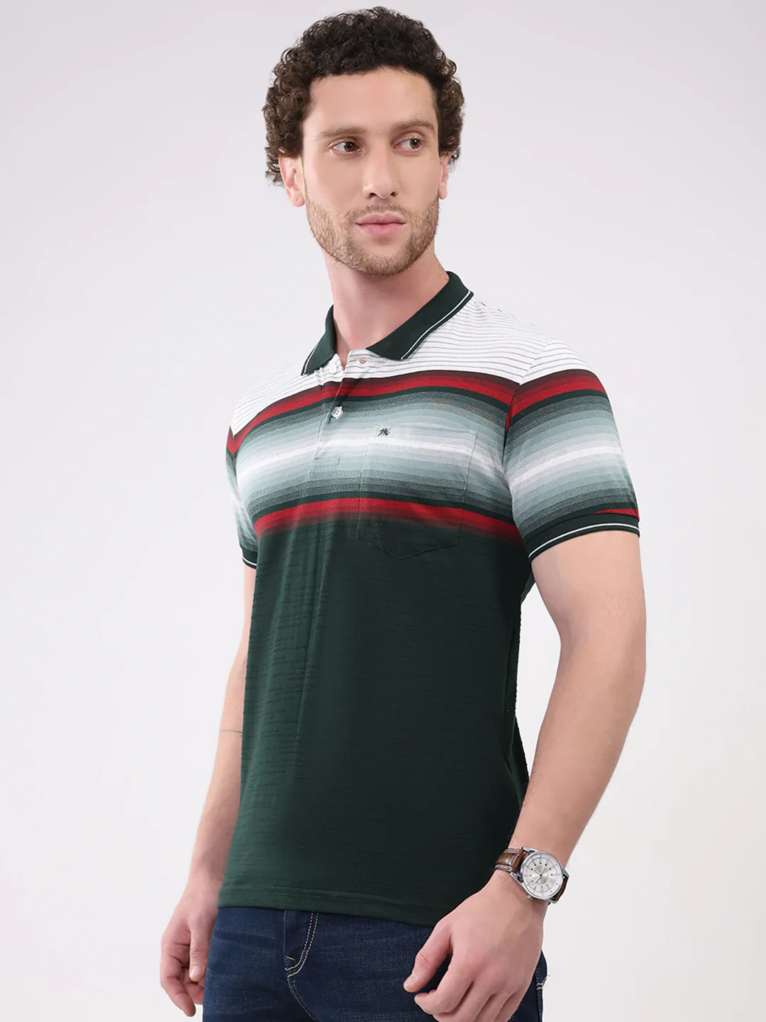 Men Green Stripe Collar Half Sleeve T-Shirt - Image 3