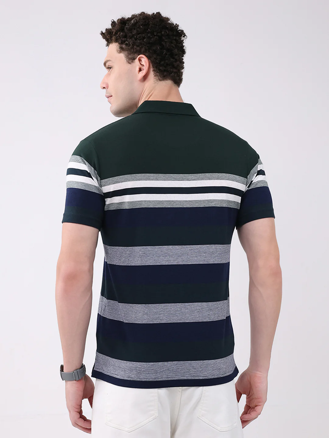 Men Green Stripe Collar Half Sleeve T-Shirt - Image 5