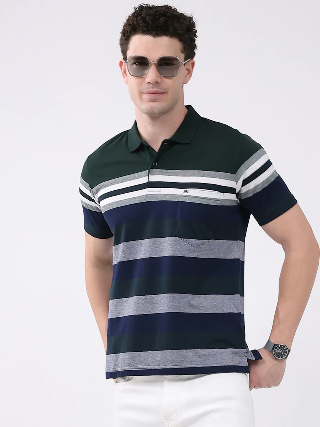 Men Green Stripe Collar Half Sleeve T-Shirt - Image 6