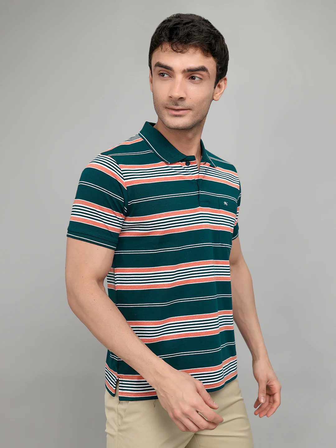 Men Green Stripe Collar Half Sleeve T-Shirt - Image 2