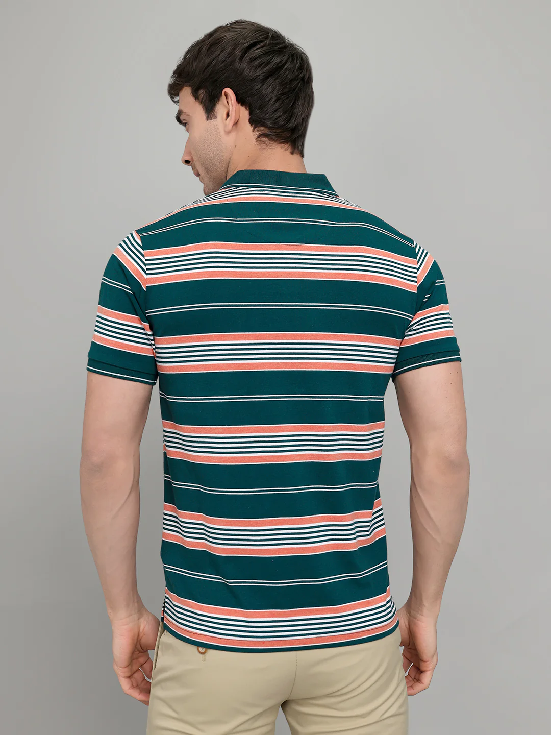 Men Green Stripe Collar Half Sleeve T-Shirt - Image 5