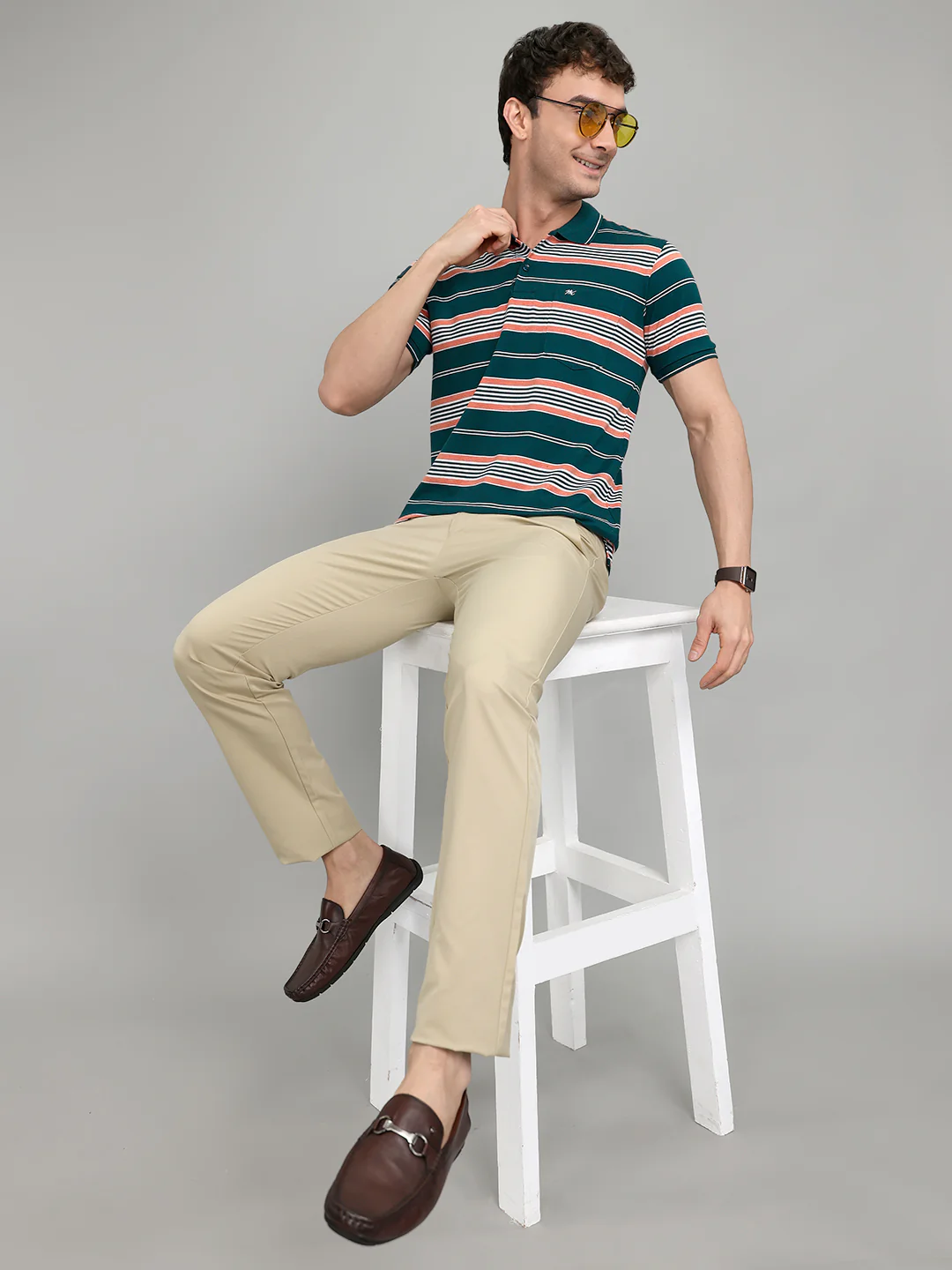 Men Green Stripe Collar Half Sleeve T-Shirt - Image 6