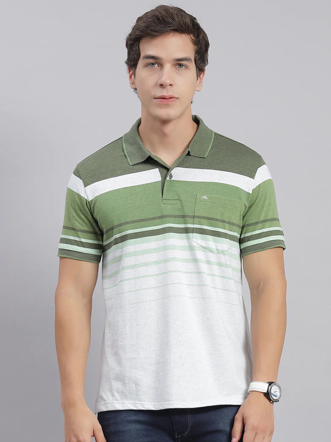 Men Green Stripe Collar Half Sleeve T-Shirts - Image 3