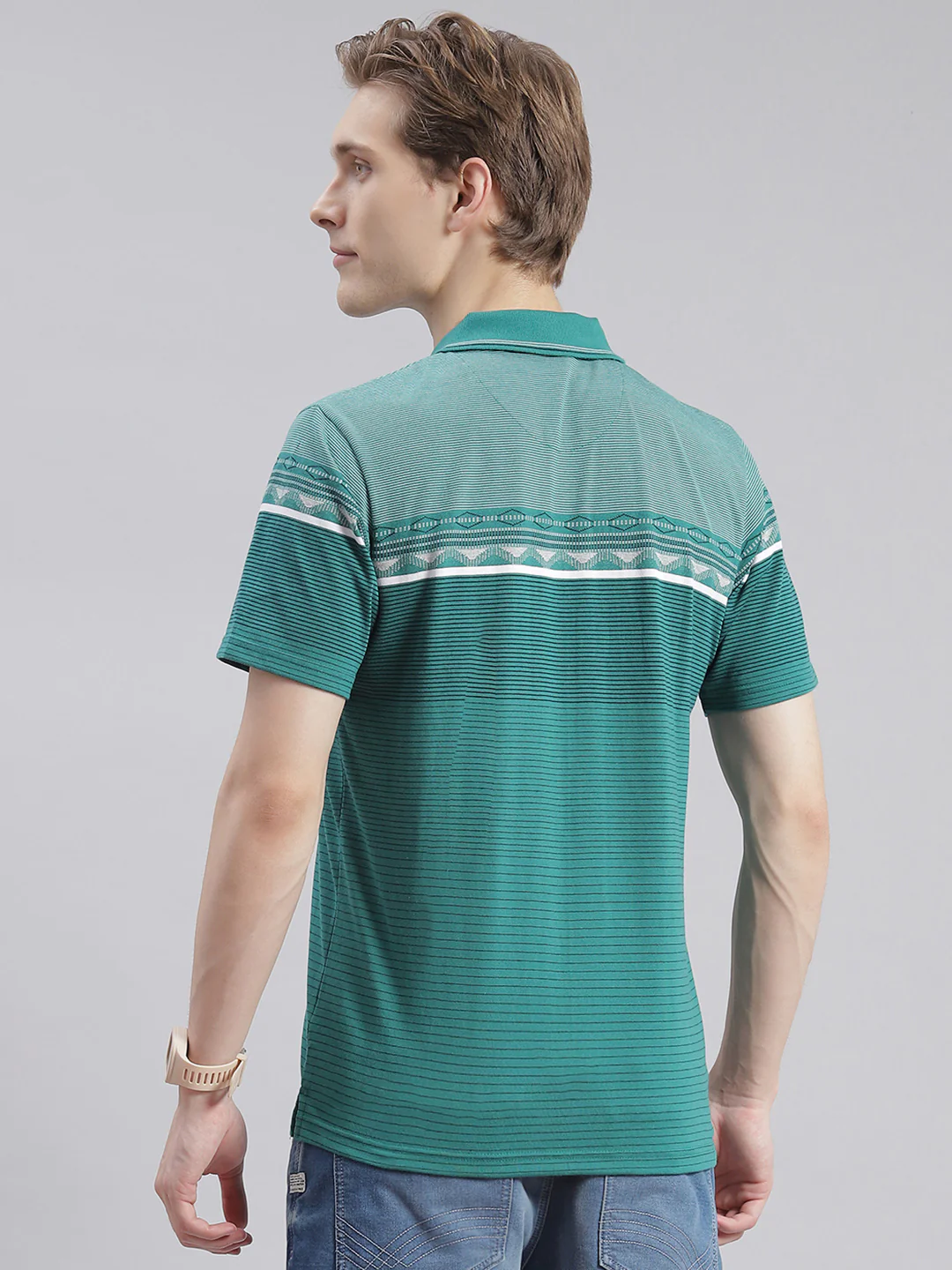 Men Green Stripe Collar Half Sleeve T-Shirts - Image 5