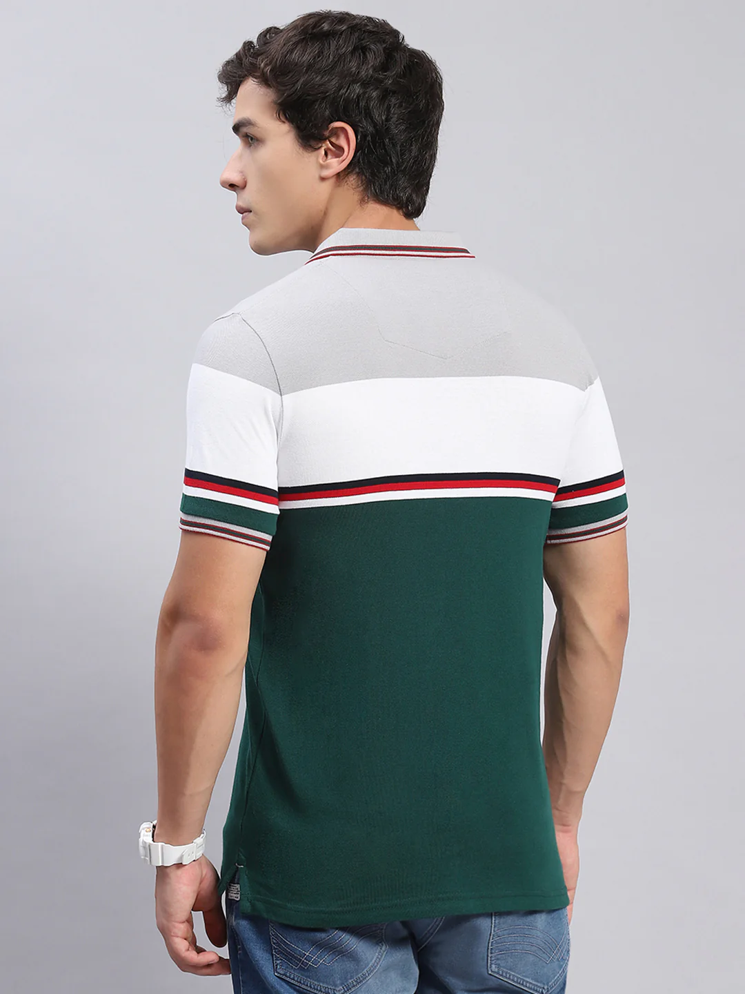 Men Green Stripe Collar Half Sleeve T-Shirts - Image 5