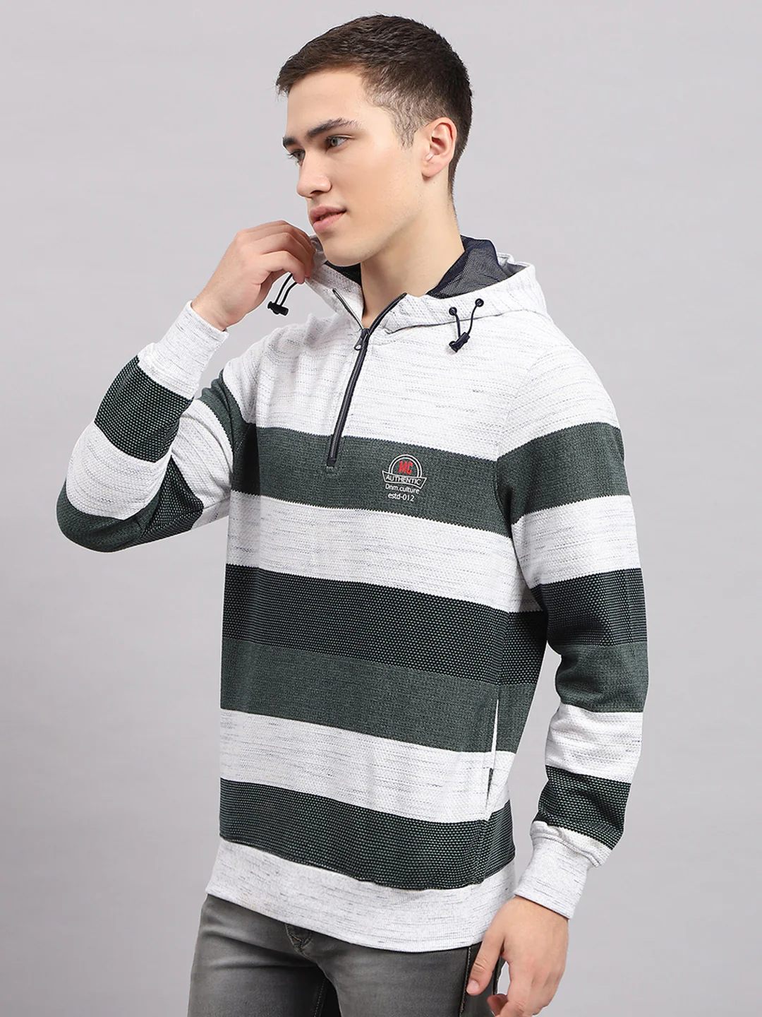 Men Green Stripe Hooded Full Sleeve Sweatshirt - Image 2