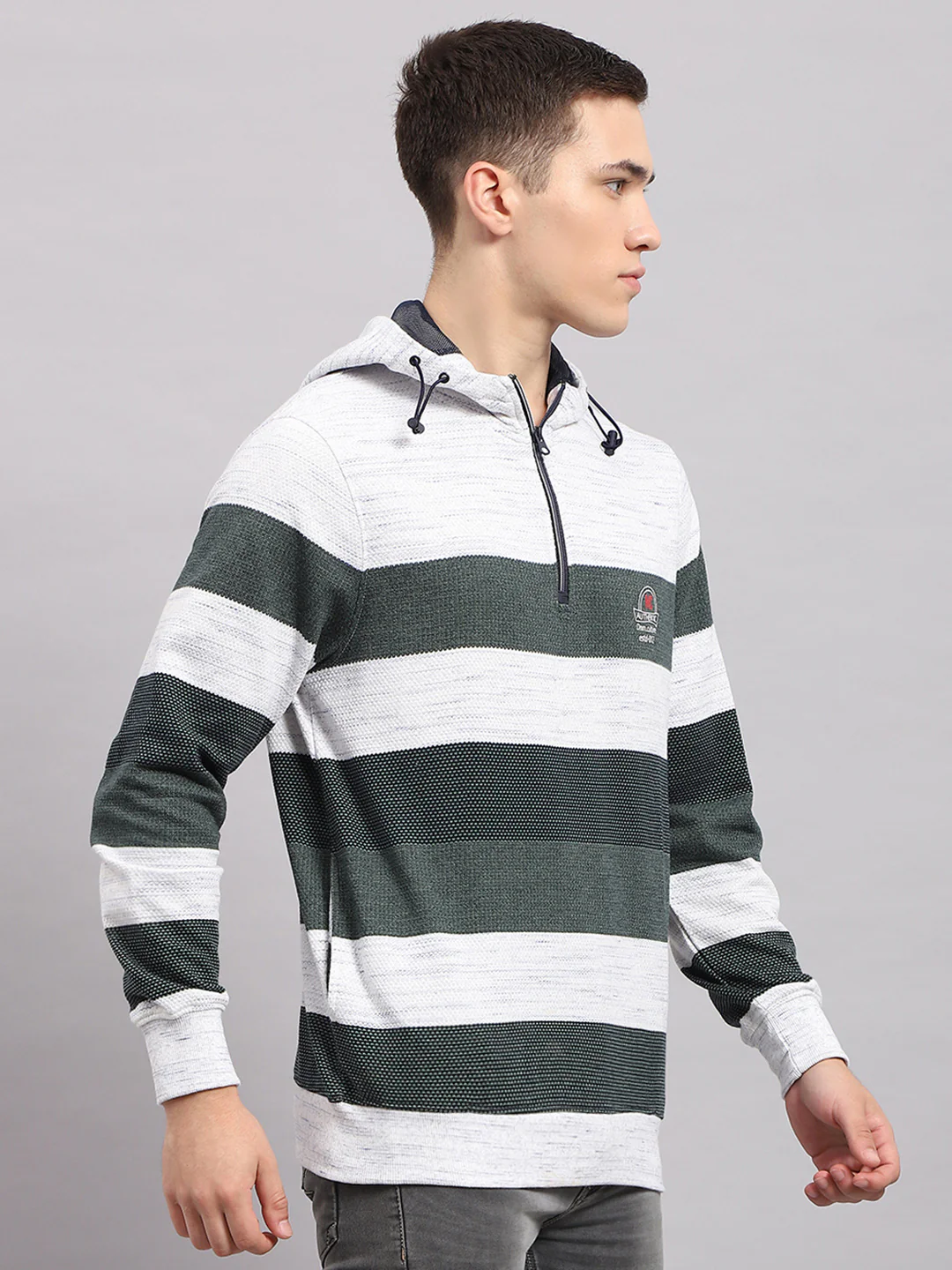 Men Green Stripe Hooded Full Sleeve Sweatshirt - Image 3
