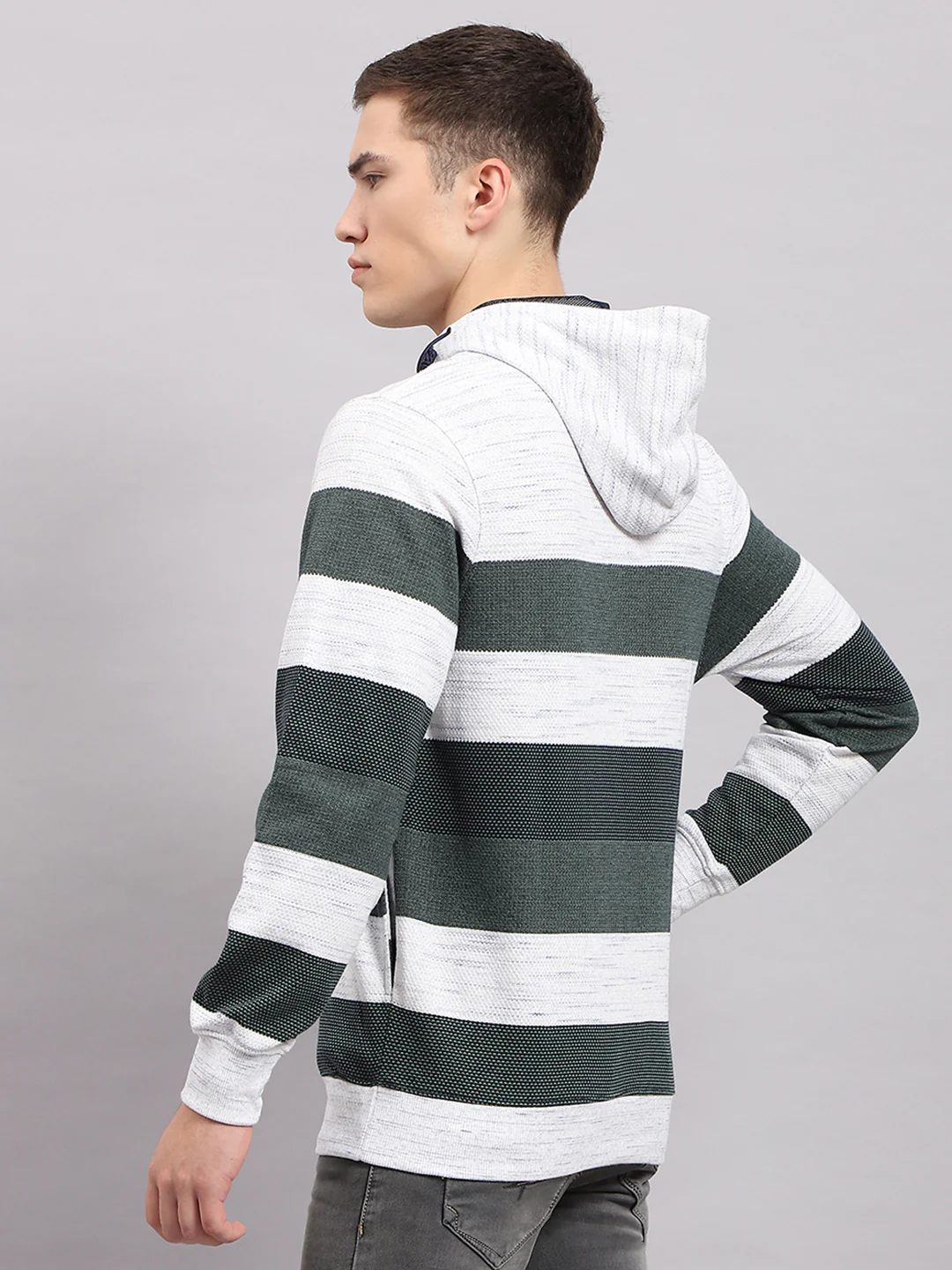 Men Green Stripe Hooded Full Sleeve Sweatshirt - Image 4