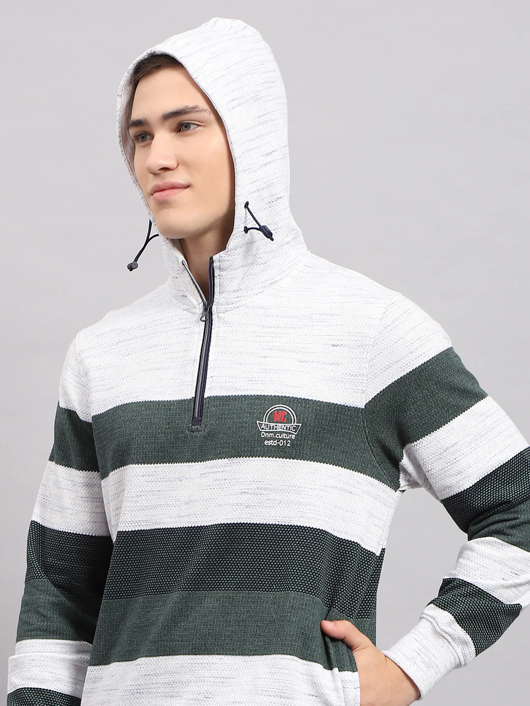 Men Green Stripe Hooded Full Sleeve Sweatshirt - Image 6