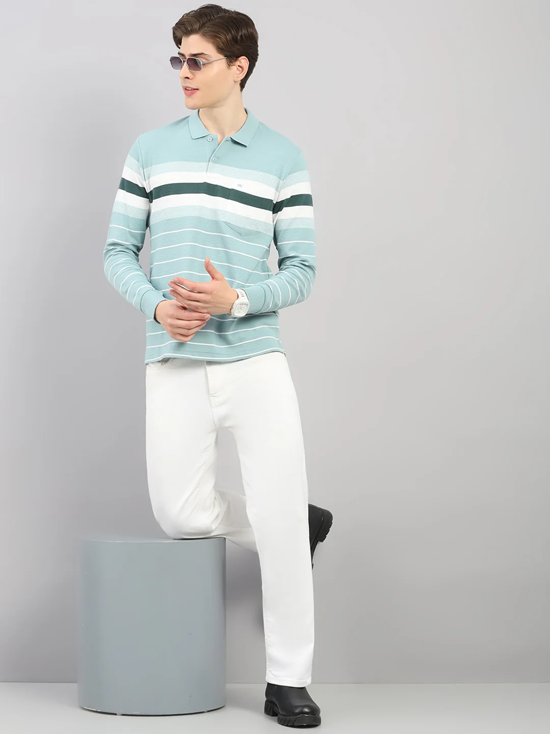 Men Green Stripe Polo Collar Full Sleeve Winter T-Shirt - Image 2
