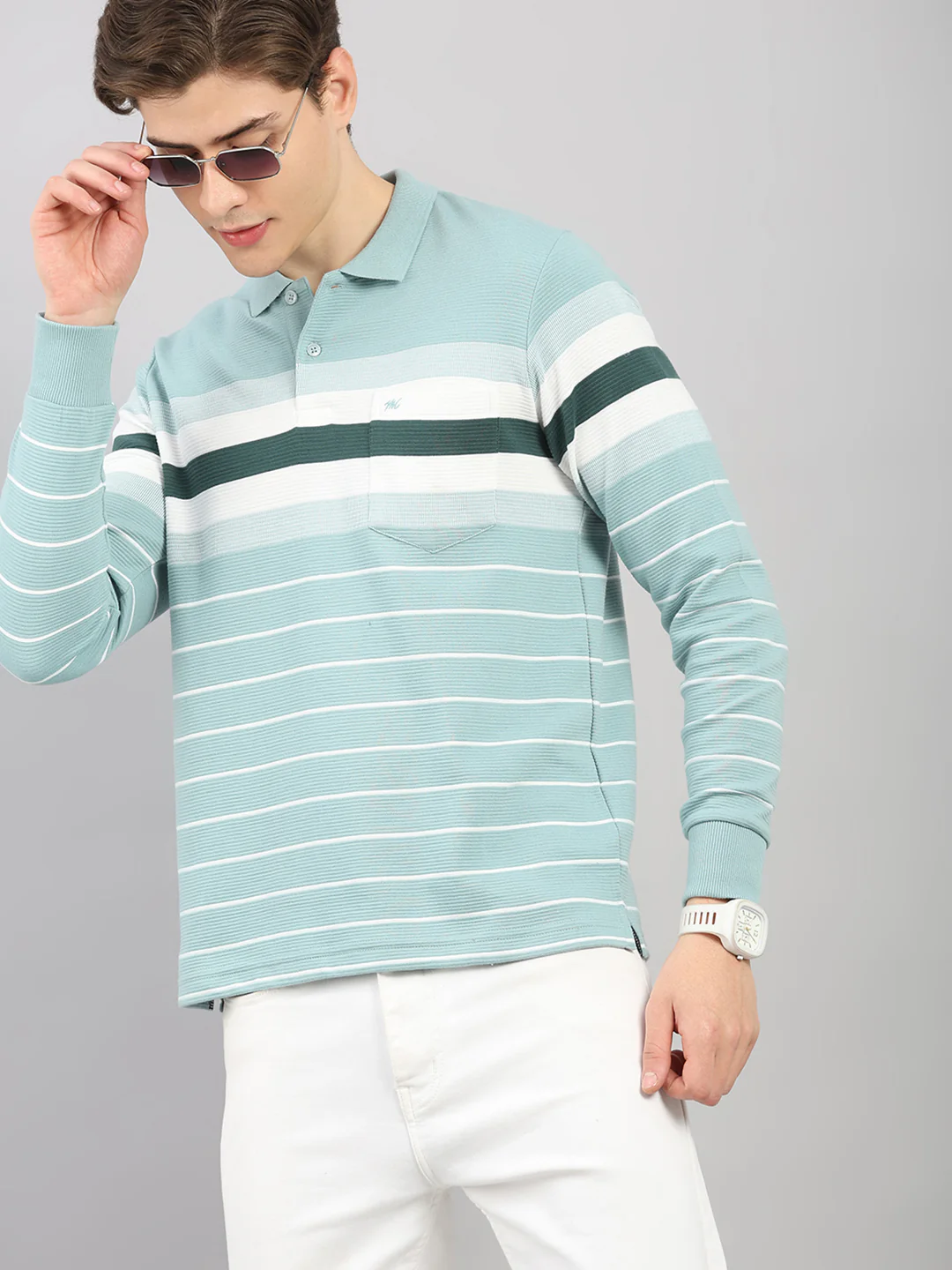 Men Green Stripe Polo Collar Full Sleeve Winter T-Shirt - Image 6