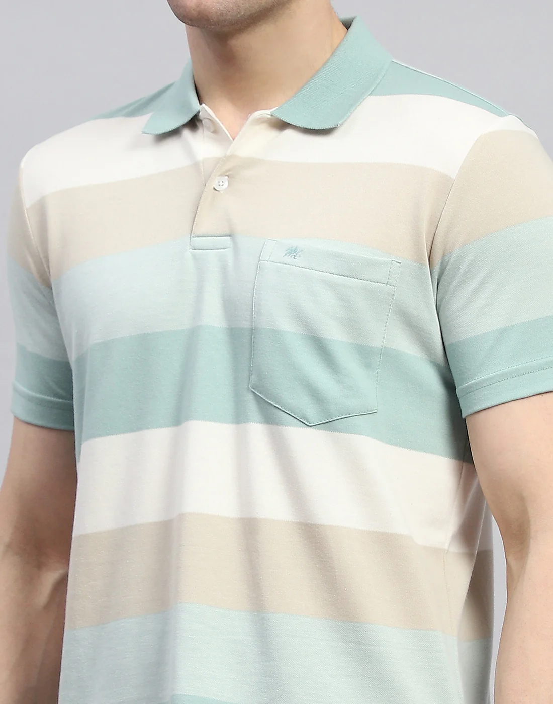 Men Green Stripe Polo Collar Half Sleeve T-Shirt - Image 6