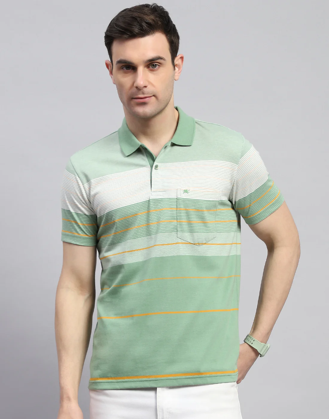 Men Green Stripe Polo Collar Half Sleeve T-Shirt - Image 2