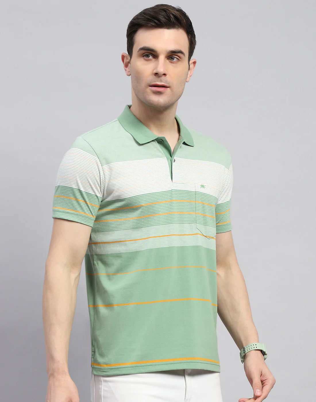 Men Green Stripe Polo Collar Half Sleeve T-Shirt - Image 4