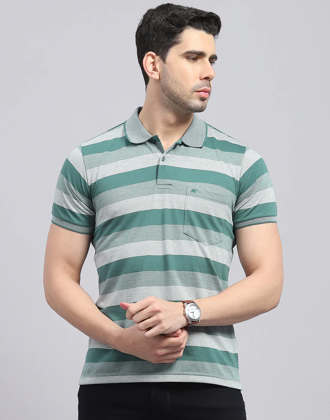 Men Green Stripe Polo Collar Half Sleeve T-Shirt