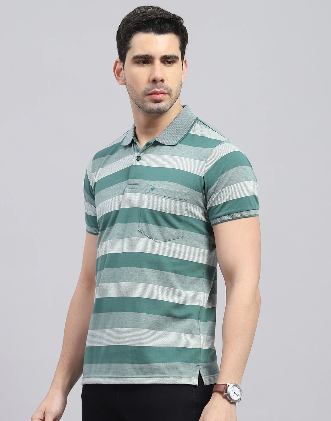 Men Green Stripe Polo Collar Half Sleeve T-Shirt - Image 3