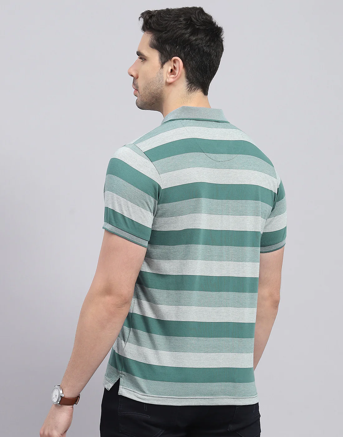 Men Green Stripe Polo Collar Half Sleeve T-Shirt - Image 5