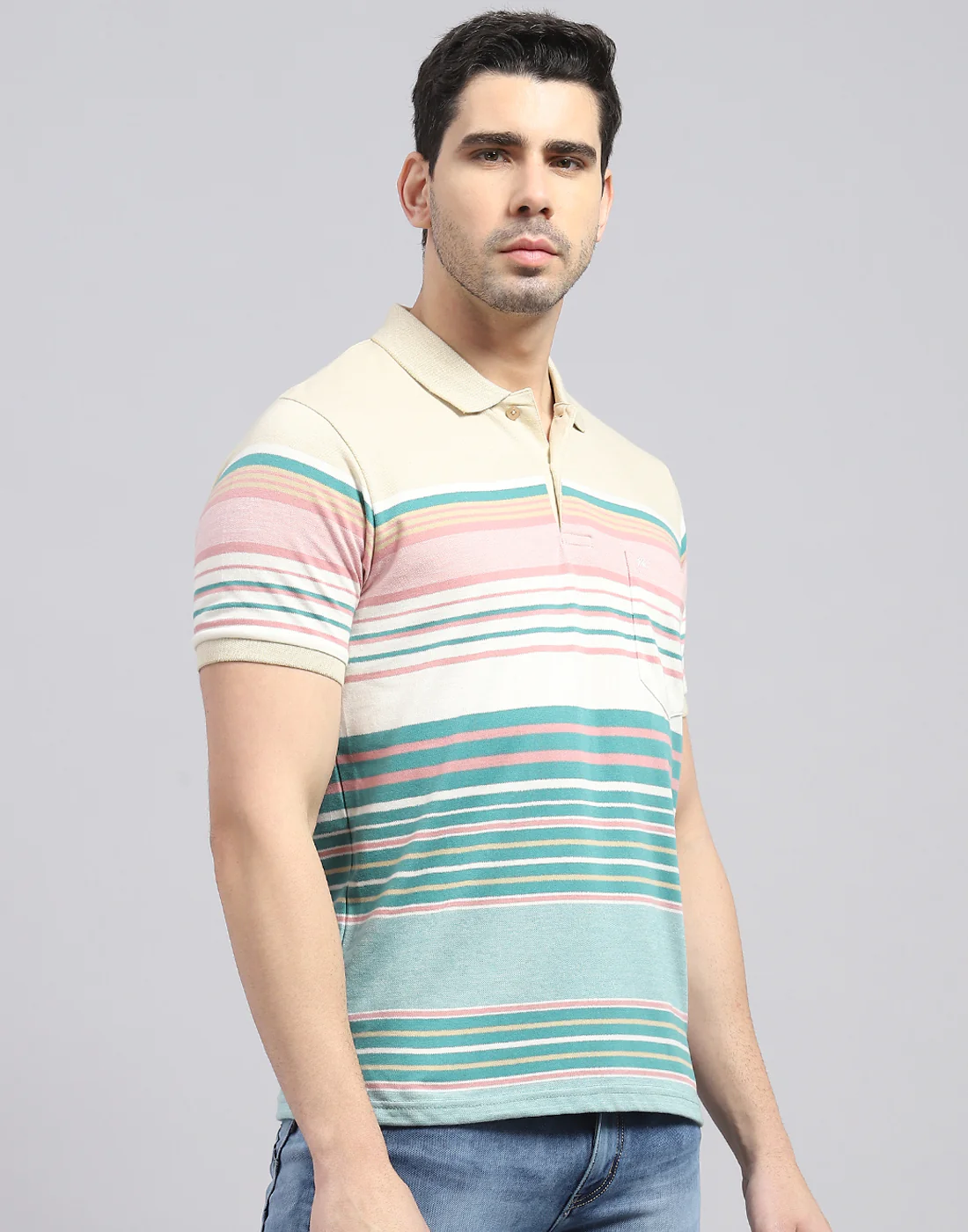 Men Green Stripe Polo Collar Half Sleeve T-Shirt - Image 4