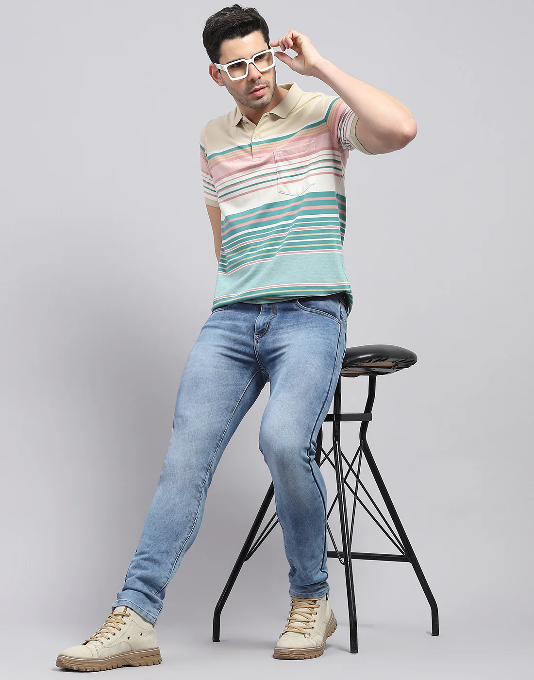 Men Green Stripe Polo Collar Half Sleeve T-Shirt - Image 6