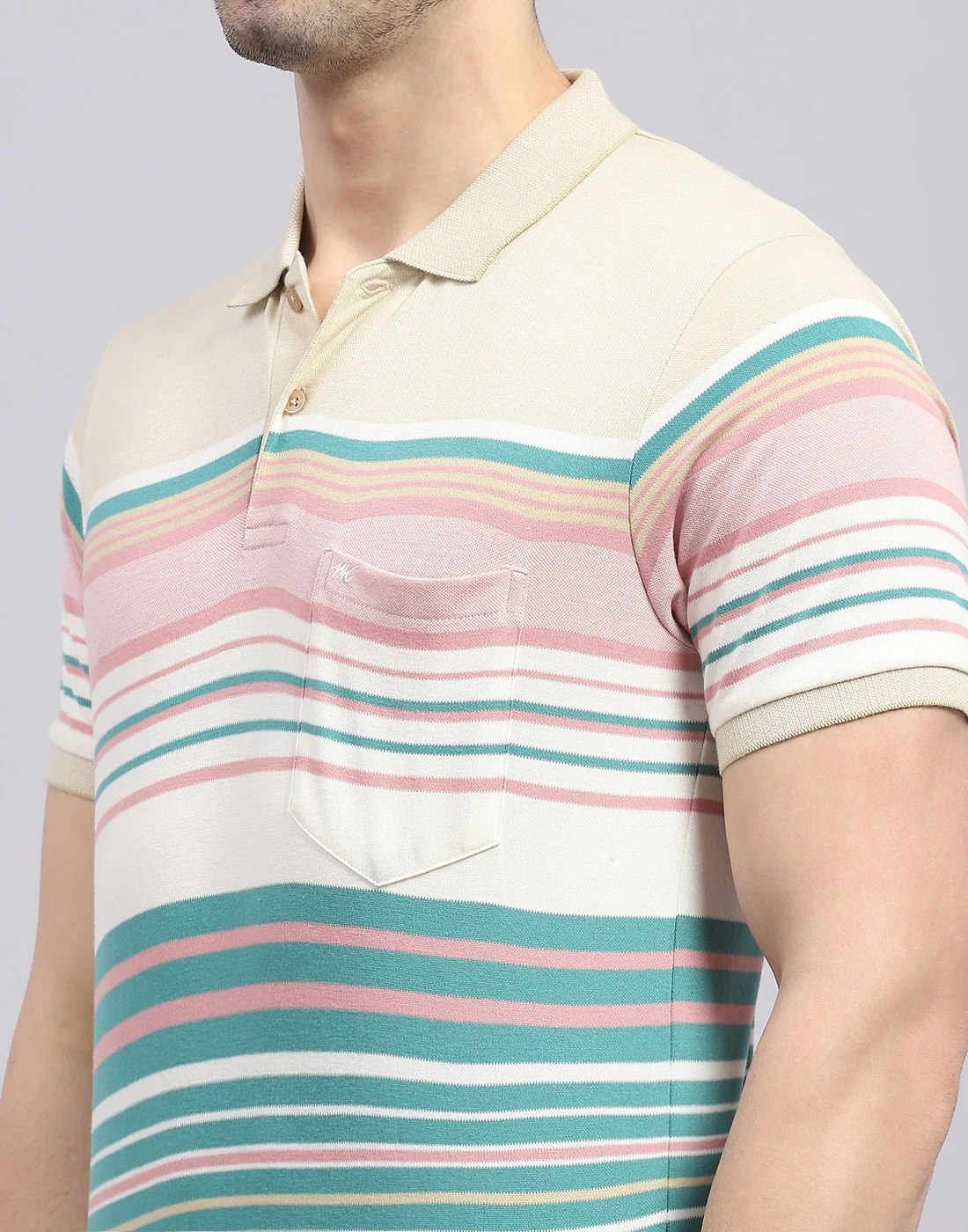 Men Green Stripe Polo Collar Half Sleeve T-Shirt - Image 7