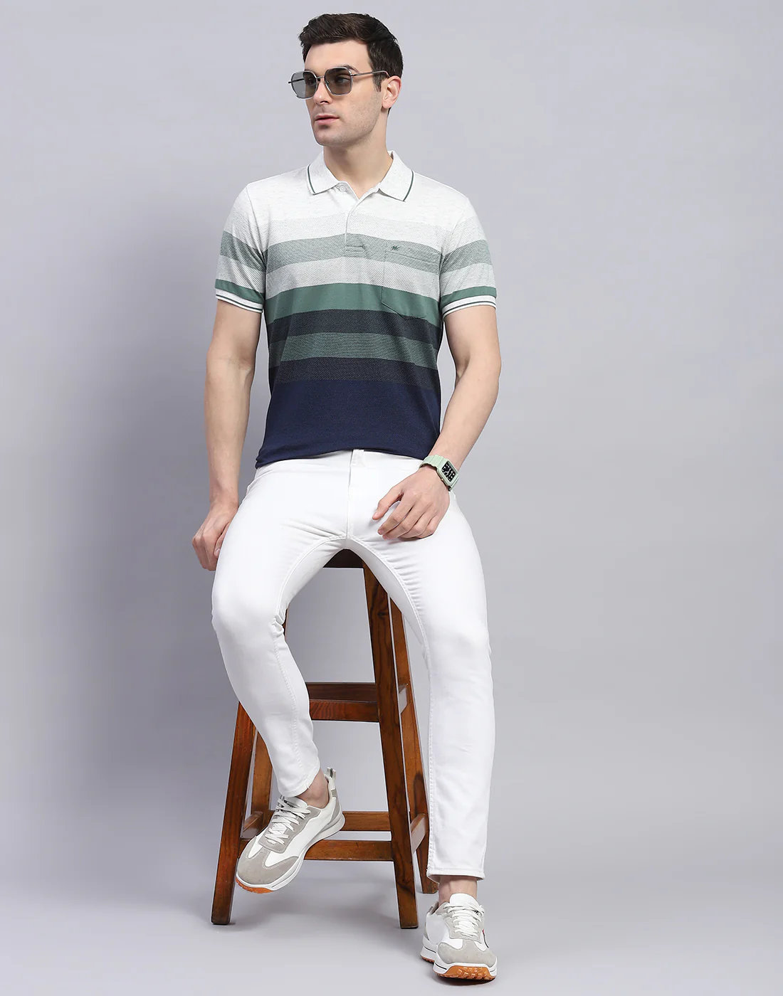 Men Green Stripe Polo Collar Half Sleeve T-Shirt - Image 2